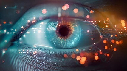 Fototapete - Close-up of a human eye enhanced with digital graphics representing technology and data encryption.
