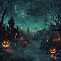 Wall Mural - Spooky Halloween Night Haunted House Village