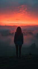 Wall Mural - girl standing on a hill watching the sunset