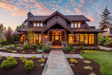 The Front View Of An Elegant Mahogany Brown Craftsman Cottage Style House, Showcasing A Triple Pitched Roof, Meticulously Planned Landscaping
