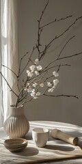 Wall Mural - Delicate white cherry blossoms in a ceramic vase on a wooden table