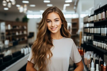 Poster - portrait of a beautiful young woman with long brown hair smiling in a beauty salon