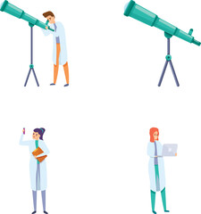 Poster - Scientific observation icons set cartoon vector. Scientist making research. Technology, science, education