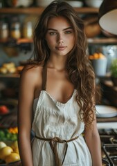 Wall Mural - portrait of a beautiful young woman in a white apron standing in a kitchen