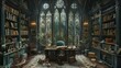 Elegant Gothic Study with Stained Glass Windows, generative ai