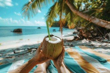 Wall Mural - Lounging on a sandy beach towel, soaking up the sun showing hands holding a coconut drink 
