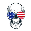 Skull in USA flag glasses hand drawn watercolor sketch illustration. Graphic print, poster, design element