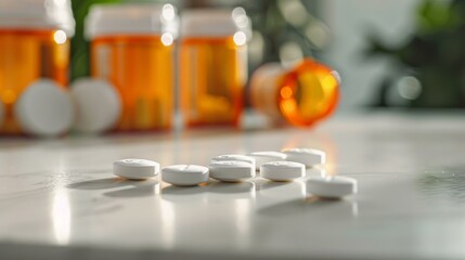 Bright health-themed image depicting assorted medications on sunlit kitchen countertop, highlighting daily wellness routines or prescription management themes. Copy space.