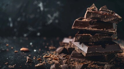 Wall Mural - Chocolate bar pieces closeup. Sweet food photo concept with copy space. Chunks of broken chocolate stacked on black background