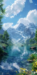 Wall Mural - Mountains, lake and flowers