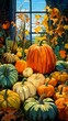 A colorful variety of pumpkins of various sizes sit in front of a window