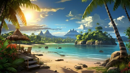 Wall Mural - Beach hut on a tropical island with mountains in the background