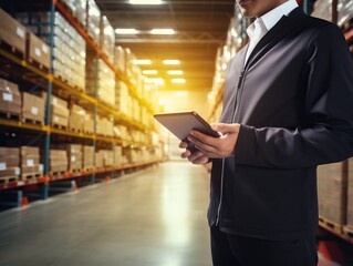 Professional male manager using a tablet in retail warehouse with truck in the background