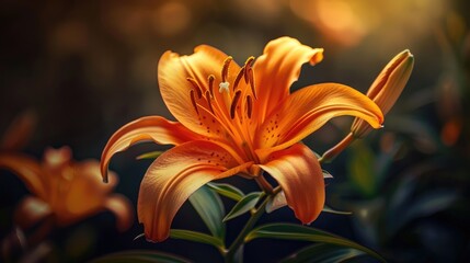 Wall Mural - Beautiful orange lily flowers in the garden. Nature background.