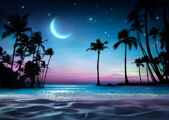 Wall Mural - palm beach at night with stars and moon - glittering effects on ocean