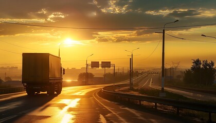 Wall Mural - Truck on Highway at Sunrise