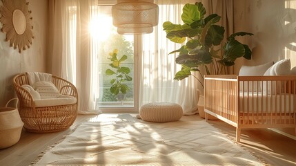 Sticker - Modern Scandinavian Nursery with Large Plant and Soft Light, generative ai