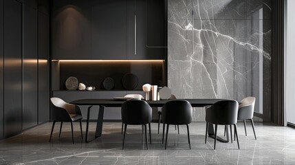 Sticker - Interior of modern dining room with black and white marble walls, concrete floor, long wooden table with black chairs and round mirror.