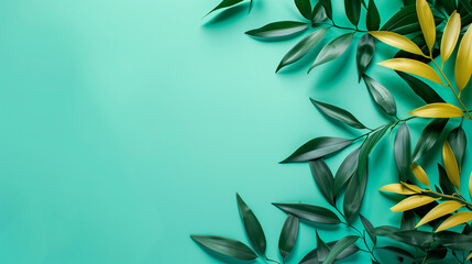 An arrangement of leaves artistically spread over a color background.