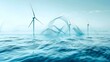 Graphic of spinning wind turbine on blue water background virtual green energy. Concept Green Energy, Wind Turbine, Renewable Resources, Water Conservation, Sustainable Development