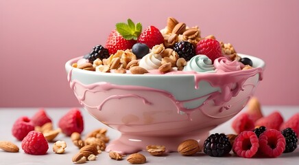 Wall Mural - Three different ice creams with fruits and berries on a pink backdrop with copy space a nutritious summertime dish of frozen yogurt or ice cream with lemon, mango,and blueberries A light pink backdrop