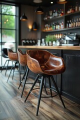 Poster - A row of chairs in a bar with wooden counter tops, AI