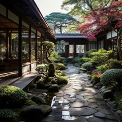 Wall Mural - Japanese courtyard garden with stone path, trees, and bushes