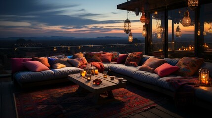 A cozy and inviting terrace with a view of the city