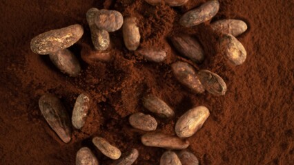 Poster - Freeze motion of flying group of cocoa beans.