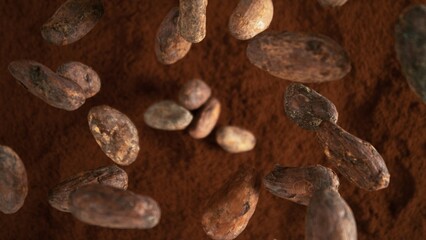 Poster - Freeze motion of flying group of cocoa beans.