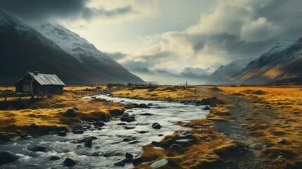 Canvas Print - A river flowing through a valley with a small cabin on the side