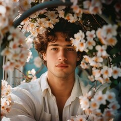 Poster - Portrait of a young man surrounded by white flowers