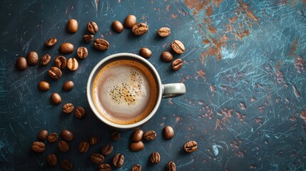 Sticker - Coffee cup and coffee beans on dark background. Top view.