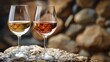 Two glasses of wine are sitting on a rock in front of some rocks, AI