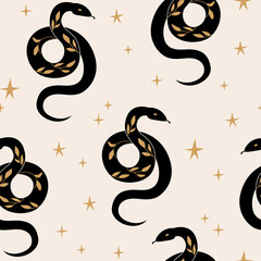 Seamless pattern with silhouette of snakes and stars. Vector flat background in boho style	