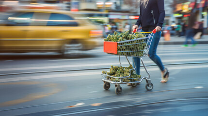 Person running with shopping cart full of cannabis buds on the street