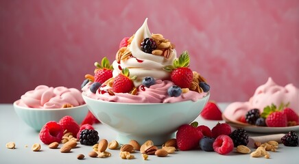 Wall Mural - Three different ice creams with fruits and berries on a pink backdrop with copy space a nutritious summertime dish of frozen yogurt or ice cream with lemon, mango,and blueberries A light pink backdrop