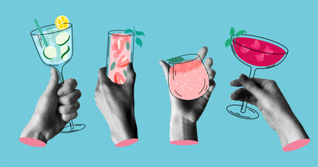 Group people drink summer cocktails. Halftone hands holding alcoholic and non-alcoholic drinks. People celebrate event together. Modern collage. Newspaper elements.