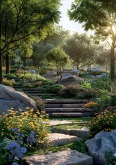 Wall Mural - A Rocky Hillside Garden Path with Colorful Flowers and Greenery