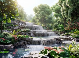 Poster - Waterfall in a tropical garden with lush vegetation