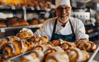 Close-up of happy baker showing tray of fresh bread in bakery kitchen 