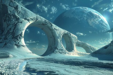 Wall Mural - Ice planet with blue water and a blue sky