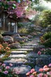A beautiful garden with a stone path and pink flowers