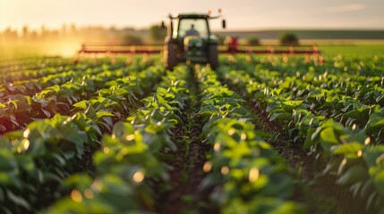 Tractor spraying pesticides on soy field