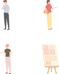 Poster - Event planner icons set cartoon vector. People work together planning an event. Organization, teamwork