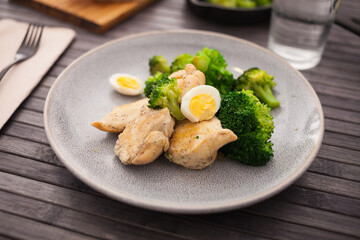 Wall Mural - Pieces of fried chicken breast with boiled broccoli and quail eggs on plate for lunch