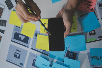 ux Graphic designer creative sketch planning application process development prototype wireframe for web mobile phone . User experience concept.
