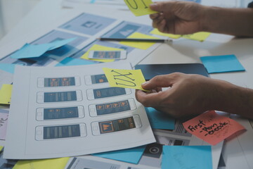 ux Graphic designer creative sketch planning application process development prototype wireframe for web mobile phone . User experience concept.