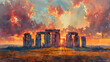 Dynamic watercolor painting of Stonehenge at sunset, capturing the warm glow of the sun and the mystical aura of this ancient site.