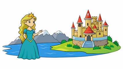 Poster - A beautiful princess stands at the edge of a crystalclear lake her long flowing hair cascading down her back. On the opposite shore a towering castle. Cartoon Vector